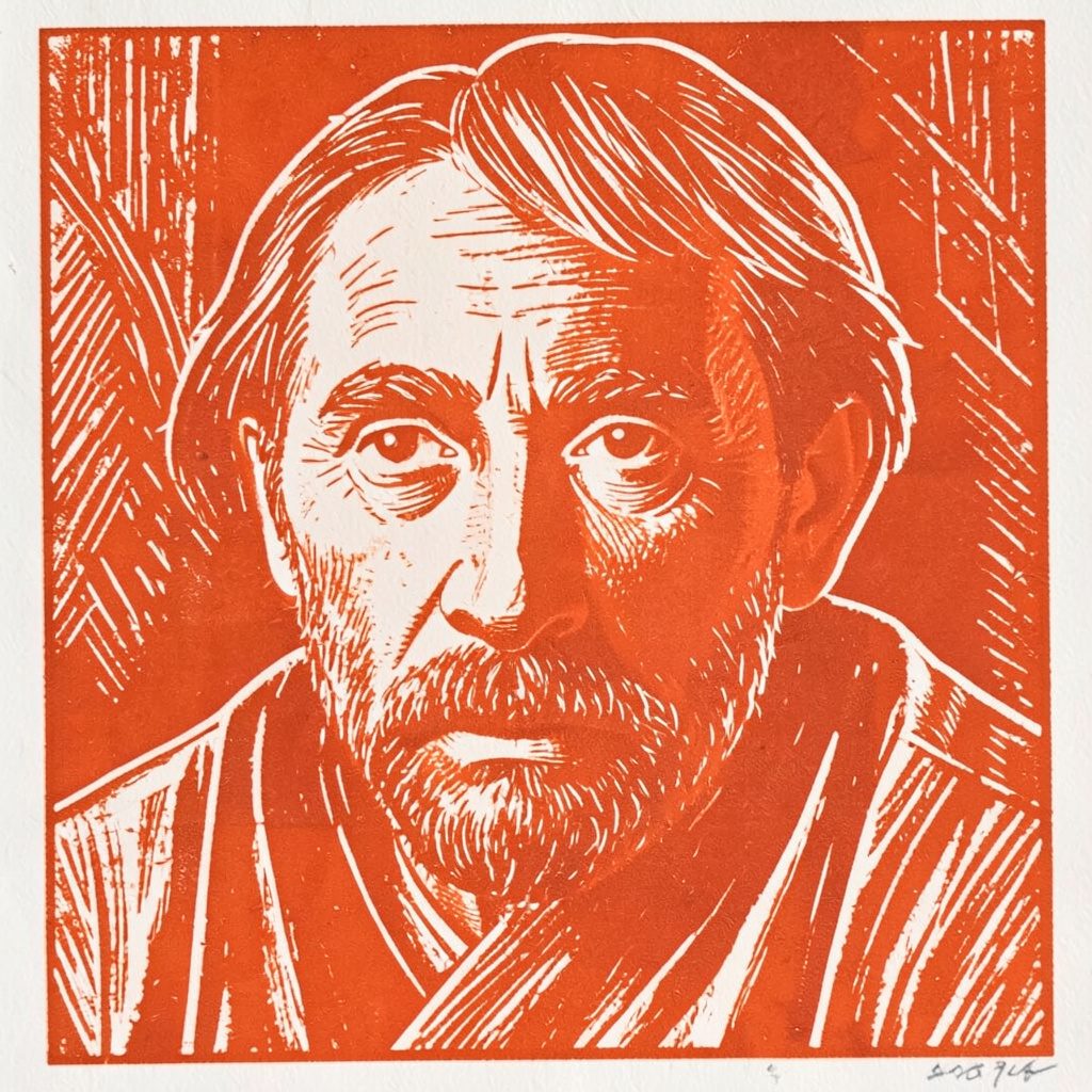 Carved linocut relief print of a marina worker silhouette in olive-gold