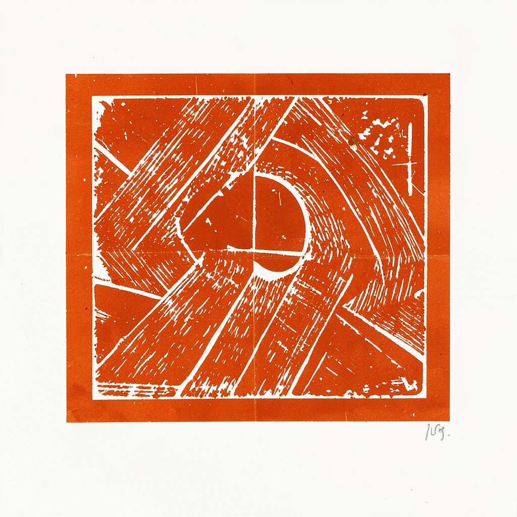 Carved linocut relief print of a construction site tower in olive-gold