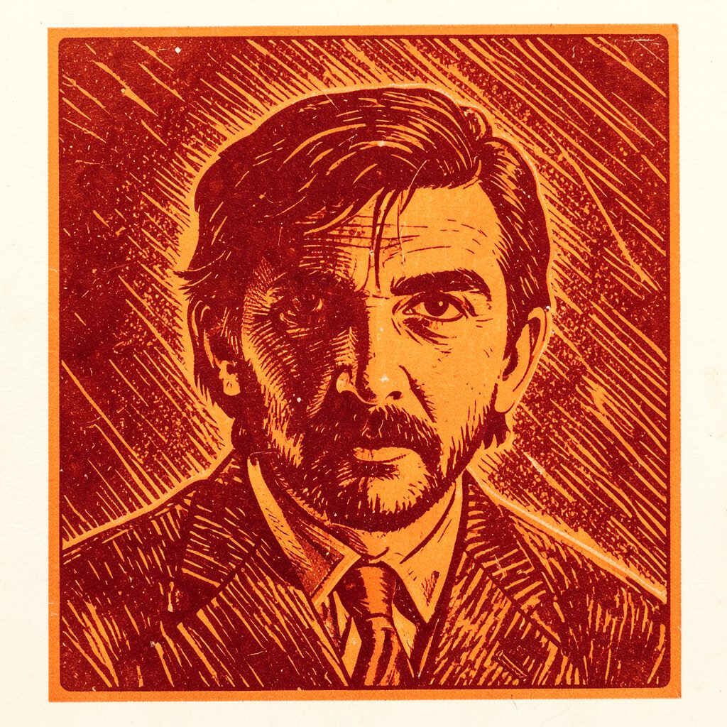 Carved linocut relief print of a small shop sign in mustard and navy