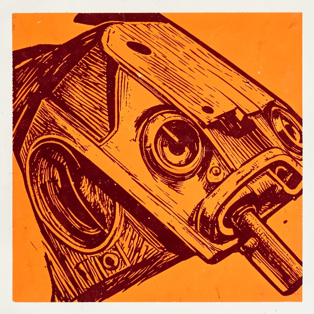 Carved linocut relief print of a procurement chain in mustard