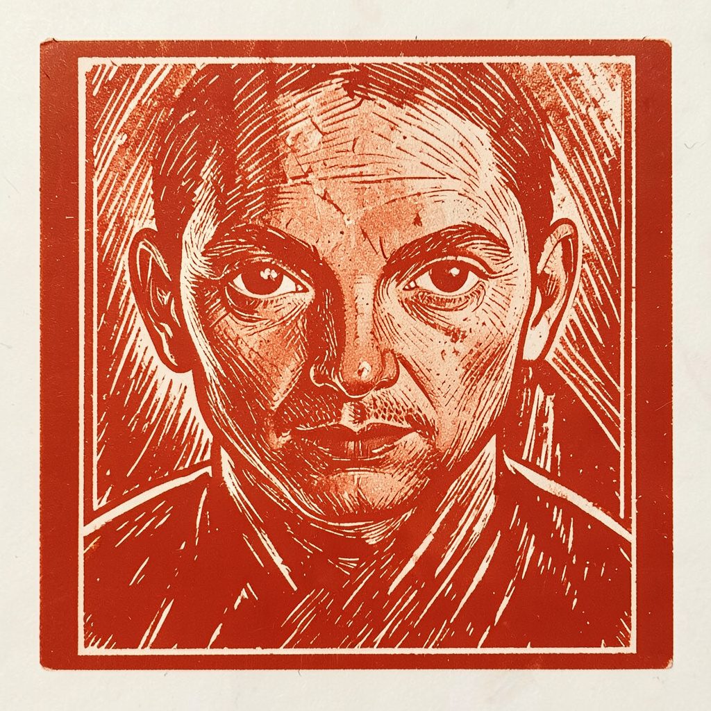 Carved linocut relief print of a warehouse crate stack in olive