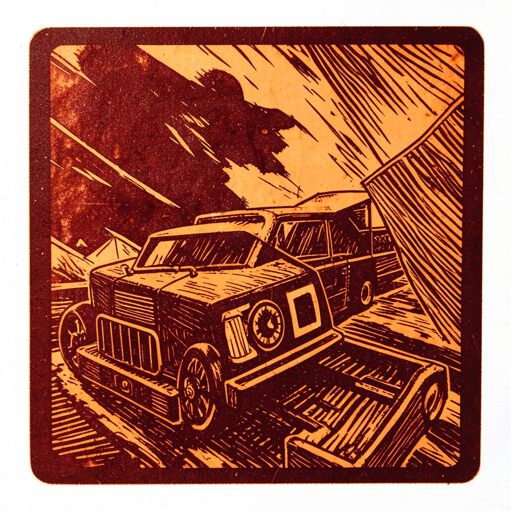 Carved linocut relief print of a reception desk in navy