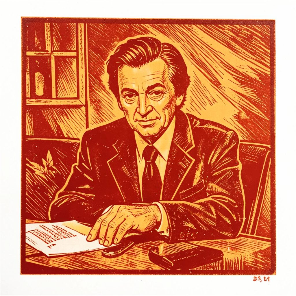 Carved linocut relief print of an interview desk in navy and mustard