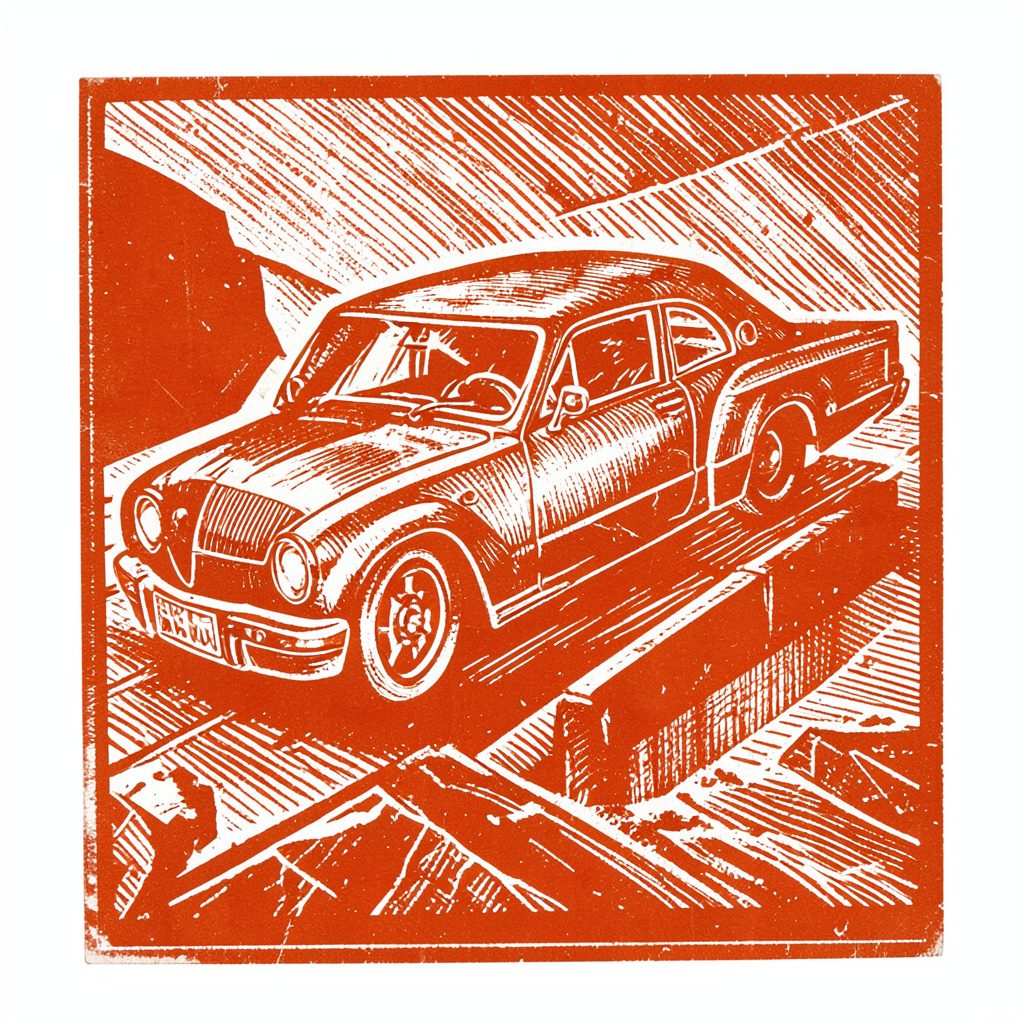 Carved linocut relief print of a labourers row in mustard tones